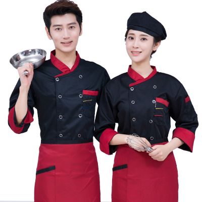 ۩ hnf531 Hotel Chef Work Clothes Long Sleeve Autumn And Winter Chef Clothing Long Sleeve Thick Winter Style Red And Black Three-quarter-length Sleeve Set