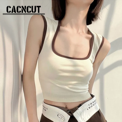 CACNCUT เสื้อกล้ามคล้องคอผู้หญิงคอปกสีตัดกันใหม่สำหรับฤดูร้อนพร้อมแผ่นหน้าอกกีฬากันลมเสื้อหน้าอกลดความอ้วน