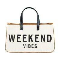 in black lettering on cream color canvas Bag 20" x 11" Weekend Vibes Beach Bag Votton Hemp Bag Large Capacity Bag Diaper Handbag