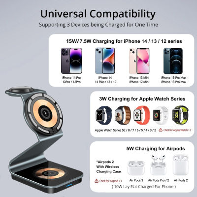 15W Magnetic Wireless Charger 3 In 1อลูมิเนียมสำหรับ 14 13 12 Pro Max AirPod Pro 3 8 7 6 5 Fast Chargers Station
