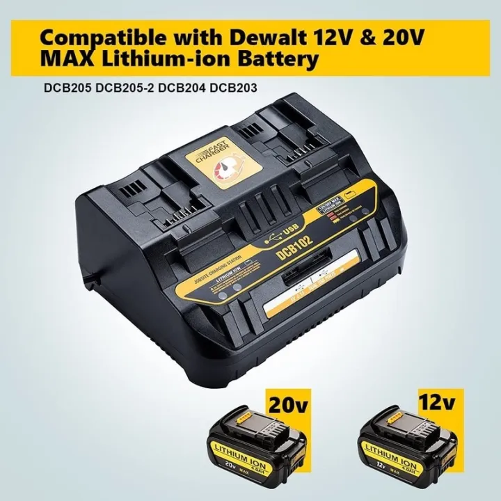 For Dewalt DCB102 LiIon Battery Charger With Dual USB Port 4A Fast