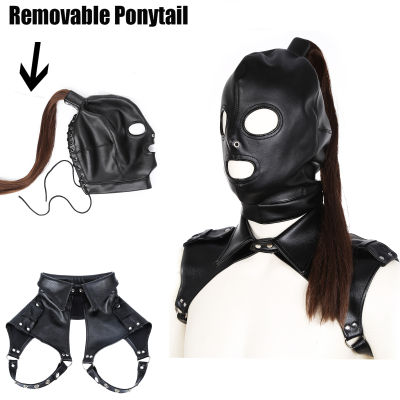 Latex Unisex Hood Mask Sexy PU Leather Masks Men Women Cosplay Flirting Hair Ponytail Chest Belt Headgear Sexy Cosplay Accessory