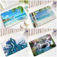 Ocean Palm Leaves Beach Bath Mat Dolphin Octopus Sea Wave Forest Waterfall Landscape Home Door Rug Bathroom Decor Flannel Carpet