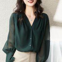 【มีไซส์ใหญ่】Plus Size Long Sleeved V-neck Chiffon Tops Women Solid Color Button Up Blouses Ladies Office-wear Vintage Blusas