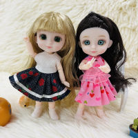 BjD 13CM Doll 13 Movable Joints Cute Face and Blue Green Eyes Dark Brown Hair with Clothes Shoes Mini Dolls for Girls Diy Toys