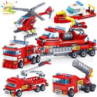 HUIQIBAO 348pcs Fire Fighting 4in1 Trucks Car Helicopter Boat Building Blocks City Firefighter Figures Man Bricks Children Toys Building Sets