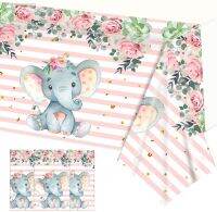 ㍿▽ Pink Elephant Flower Theme Disposable Tableware Plastic Tablecloth Decoration Set For Reveal Baby Girls Boys Birthday Supplies