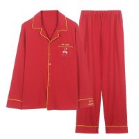 ชุดนอนสีแดงสำหรับผู้ชายชุดนอนแขนยาวผ้าฝ้ายลำลอง Sets100ชุดนอนสบาย L-4XL เสื้อใส่อยู่บ้านสีแดงสำหรับฤดูใบไม้ร่วง