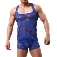 y Mens Undershirts Sets 2 Piece Mesh Fishnet See Through Sleeveless Shirts + Boxer Shorts Lounge Wear Underwear Nightwear