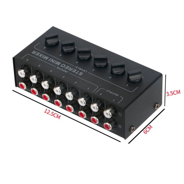 stereo-6-way-passive-mixer-rca-portable-audio-mixer-6-in-2-out-stereo-distributor-volume-control-no-battery-required
