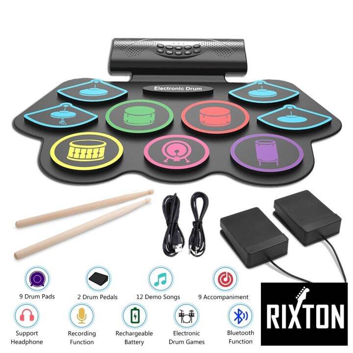 Rixton 9 Pads Electronic Drum Bluetooth RollUp Digital Builtin Dual Speaker Practice Set
