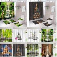 【CW】▪✒◆  Rural Landscape Creek Stone Buddha Shower Curtain Set Rug Polyester