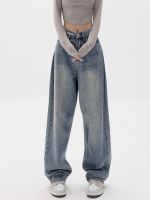 Y2K Women Vintage Streetwear Korean Baggy Light Blue Jeans High Waist Straight Wide Leg Pants Denim Trousers Grunge Alt Clothes