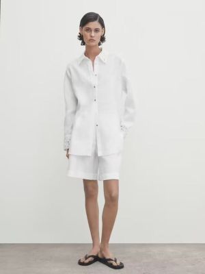 Massimo Dutti เสื้อเชิ้ตสีขาวสำหรับผู้หญิง,เสื้อผ้าฝ้ายแขนยาวปักลายกลวงดีไซน์ใหม่ฤดูใบไม้ร่วง2023