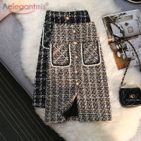 Aelegantmis Vintage Tweed Woolen Skirts Women  Autumn Winter All Match Chic A Line Skirt Pearl Buttons Thicken Warm Skirts