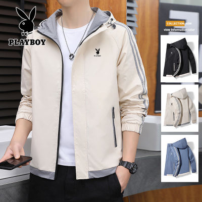 PLAYBOY Fashion Casual Jacket ผู้ชายซิปธรรมดาบางบุคลิกภาพคลุมหน้าเยาวชนด้านข้างตะเข็บกระเป๋าลำลองสีดำแจ็คเก็ต