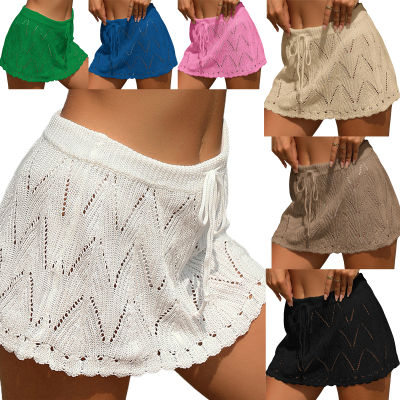 กระโปรงเสื้อผ้าถักโครเชต์แฟชั่นฤดูร้อนสำหรับผู้หญิงชุดคลุมกางเกงเอวสูงแบบผูกเชือก ROK Mini ถักสำหรับสุภาพสตรี