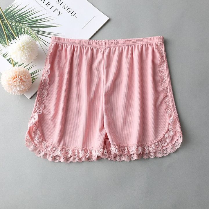 women-spring-summer-same-color-side-lace-safety-shorts-pants-sweet-loose-elastic-home-sleep-shorts-nightwear-bottom-thin-pajamas