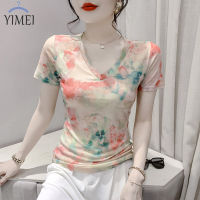 YIMEI เสื้อพิมพ์สกรีนฤดูร้อนแฟชั่น2023แขนสั้นเสื้อยืดคอวีเข้ารูปพอดีทันสมัยและสวยงาม