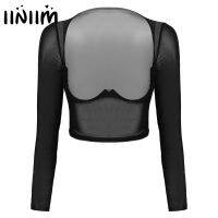 (Hot clothes)  ใหม่มาถึงผู้หญิงดูผ่านตาข่าย Underwire Crop Top ชุดนอนแขนยาวเปิดด้านหน้า Sheer T เสื้อ Tops