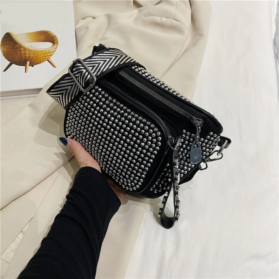 Fashion Sling Waist Pack PU Leather Women Crossbody Bags Rhinestone Diamond  Handbags Wide Strap Saddle Purse Travel Shoulder Bag