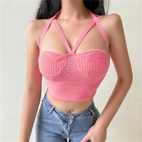 QUNED แฟชั่นสีทึบ Halter Slim Crop Tops ผู้หญิงฤดูร้อนเซ็กซี่ backless ถักสตรี