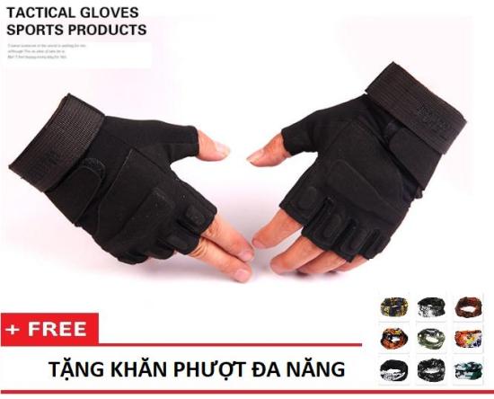 Hot sale găng tay nam hở ngón blackhawk đen + tặng 1 khăn phượt đa năng - ảnh sản phẩm 1