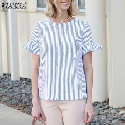 (สินค้ามาใหม่)(จัดส่งฟรี)Fancystyle ZANZEA เสื้อสวมหัวลายเสื้อพิมพ์ลายของผู้หญิงปลอกแขนแบบมีระบายลำลองทรงหลวมเสื้อสตรีคอกลม #15