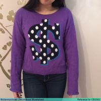 USED H&amp;M - Oversized Purple Dollar Sweater | เสื้อสเวตเตอร์สีม่วง สีดำ เสื้อกันหนาว เสื้อไหมพรม เสื้อโอเวอร์ไซส์ แขนยาว ลายกราฟิก สายฝอ สาวอวบ แท้ มือสอง