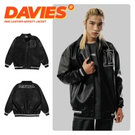 Áo khoác bóng chày da thêu logo Davies màu đen BMG Leather Varsity Jacket thumbnail