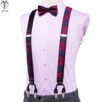 Hi-Tie Luxury Silk Mens Suspender Red Blue Floral 6 Clips ces Bow Tie Hanky Cufflinks Set For Men Office Wedding 3.5cm Width