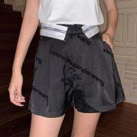 Alexander Wang 23 new flanging flocking letter acetate fabric high waist shorts fashionable all-match Black Pink loose shorts womens NCBU