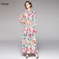 Colorful Floral Dress  New Womens Full Sleeve Turn Down Collar Bow Lace Up Digital Printing Maxi Party Vestidos Plus Size