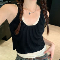 Spot Factory Outlet Fake Two -Piece Knitted Suspender Vest Female 2023 Summer New External Wearing Short Hot Girl