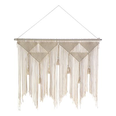 Macrame Wall Hanging Boho Woven Tapestry, Beige White Tassel Decor Curtain for Home Backdrop (Wood Stick Not Included)