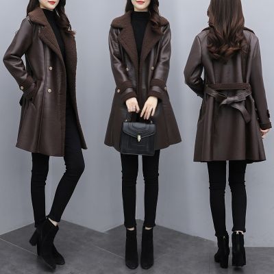 ☬✺ Womens leather jacket autumn and winter new westernized loose lace up casual thickened