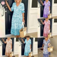 Women V-Neck Floral Long Dress Holiday Summer Plus Size Beach Party DressesTH