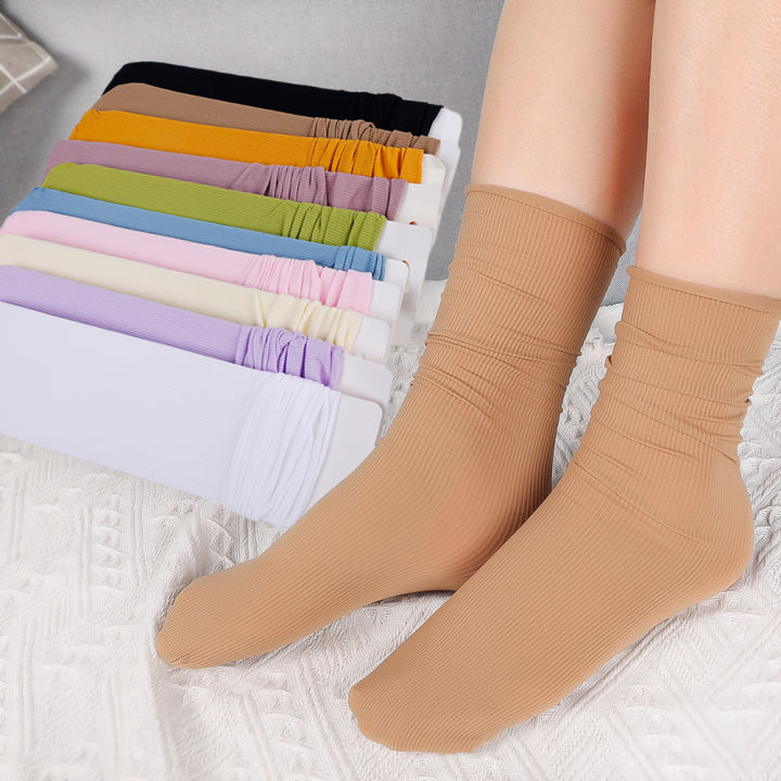 lady-sugar-2คู่-เซ็ตฤดูร้อนถุงเท้าหลวมบางสำหรับผู้หญิงสาวสีทึบกำมะหยี่นุ่มระบายอากาศถุงเท้ายาว