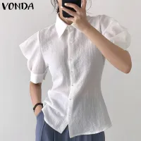 VONDA Women Summer Shirts Short Sleeve Tunic T-Shirt Tops Button Down Loose Fit Tee (Korean Causal)