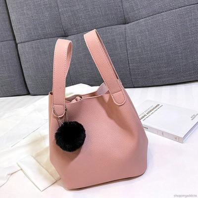 Womens pu leather simple fashion hair ball pendant handbag bucket bag