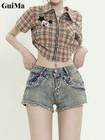 Celana Pendek Denim ยืด Guima Studded อเมริกันแนวราบ