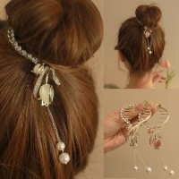 New Tulip Pearl Tassel Balls Ponytail Buckle Hairpin Back Head Alloy Head Coil-up Grab Clip Headwear