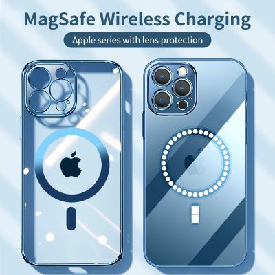 「16- digits」หรูหราชุบแม่เหล็กใสสำหรับ Magsafe เคสชาร์จไร้สายสำหรับ iPhone 14 13 12 11 Pro Max X XR XS 8 Plus ปลอกซิลิโคนอ่อนนุ่ม