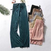 Hang Qiao Summer Wide Leg Pants for Women Casual Elastic High Waist New Fashion Loose Long Pants Pleated Trousers Pant