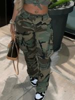 LW Camo Print Side Pocket Cargo Camouflage Pants Low-Waist Zipper Fly Full Print Stretchy women trousers Camo Print Casual Pants