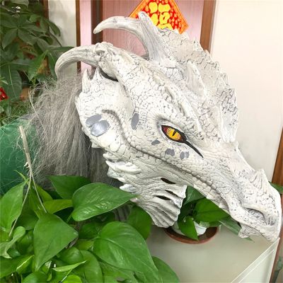 Deluxe White Dragon Mask With Hair Cosplay Tyrannosaurus Rex Decorations Mask Adult Halloween Birthday Party Animal Masks
