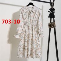 Floral dress chiffon long sleeve bow pleated casual dress