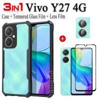 (3 IN 1) Vivo Y27 4G เคสโทรศัพท์สำหรับ Vivo Y27 4G Y 27 Y2 7เคสอะคริลิกใสนิ่ม TPU ฝาหลังกันตก + ฟิล์มกระจกเทมเปอร์ + ฟิล์มเลนส์