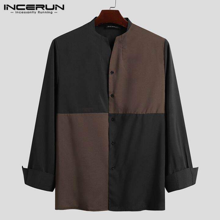 incerun-เสื้อเชิ้ต-แขนยาว-ลายตัดปะ-ทรงหลวม-แฟชั่นสำหรับผู้ชาย