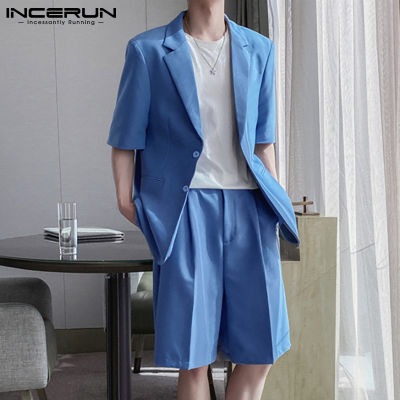 ✌◊♀ hnf531 [Free Shipping] (Korea Style) INCERUN New Mens Solid Suit Fit Formal Two Piece Coat Short Trousers Wedding Groom